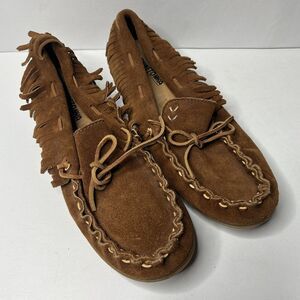 Minnetonka Brown Suede Hardsole Fringed Flats Moccasins